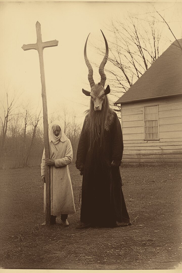 baphomet with cultist holding a cross vintage photograph